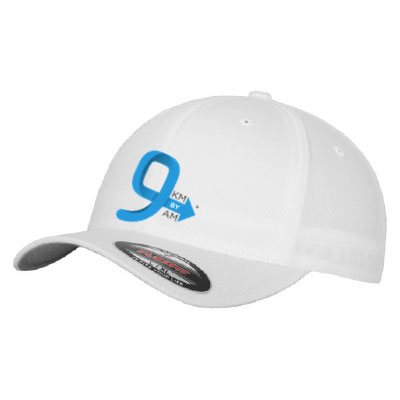 Flexifit Fitted White Baseball Cap with 9KM BY 9AM blue logo