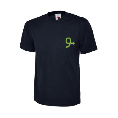 Uneek Navy T-Shirt Premium with 9KM BY 9AM green logo