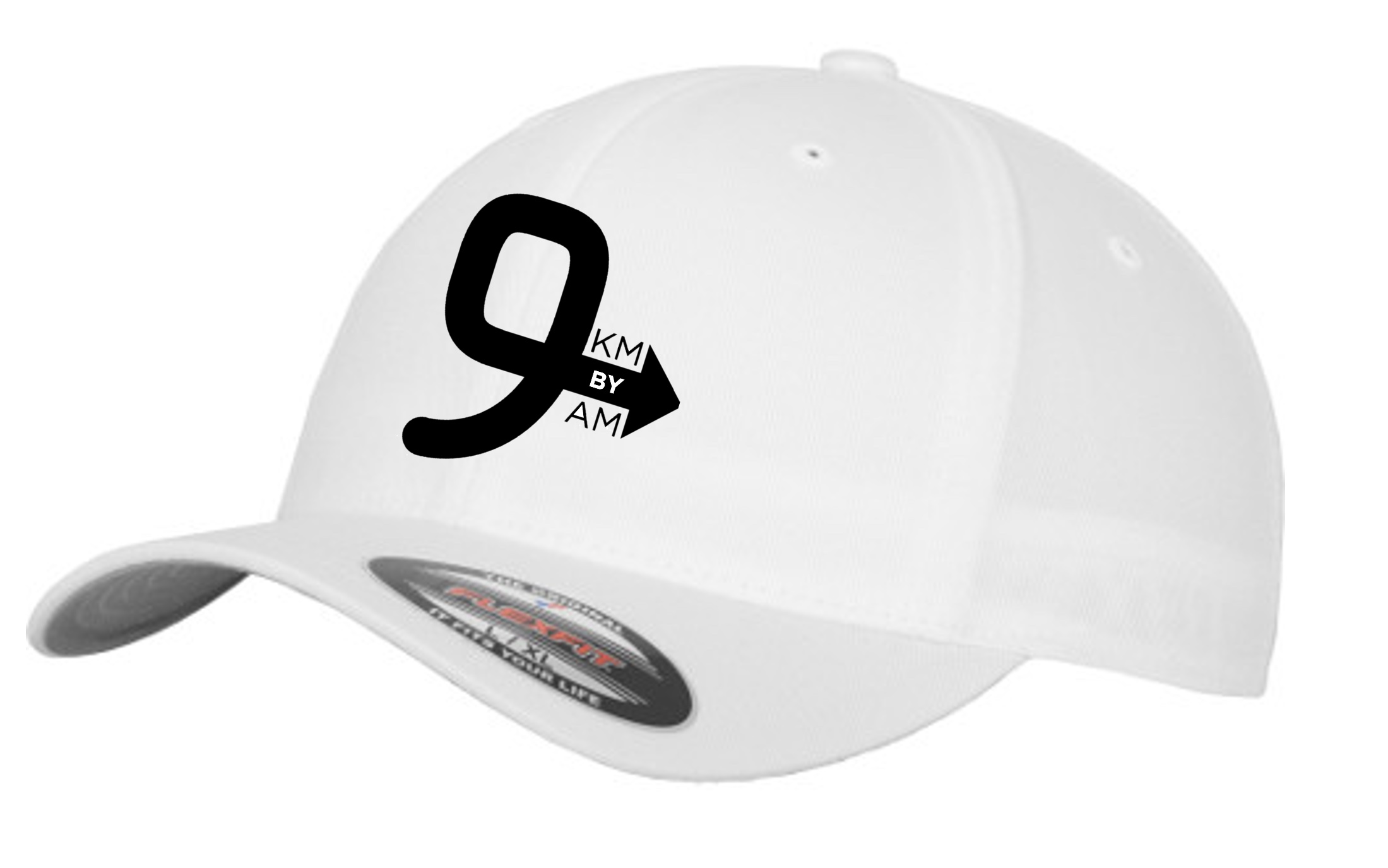 Flexifit Fitted White Baseball Cap with 9KM BY 9AM black logo