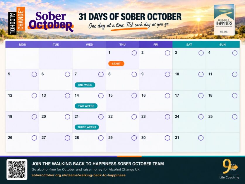 Free printable 31-Day Sober October calendar from Walking Back to Happiness
